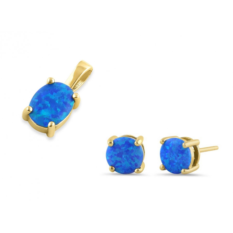 Havblå Oval - 925 Sterling sølv smykkesæt med vedhæng + øreringe med blå opal sten og guldbelægning