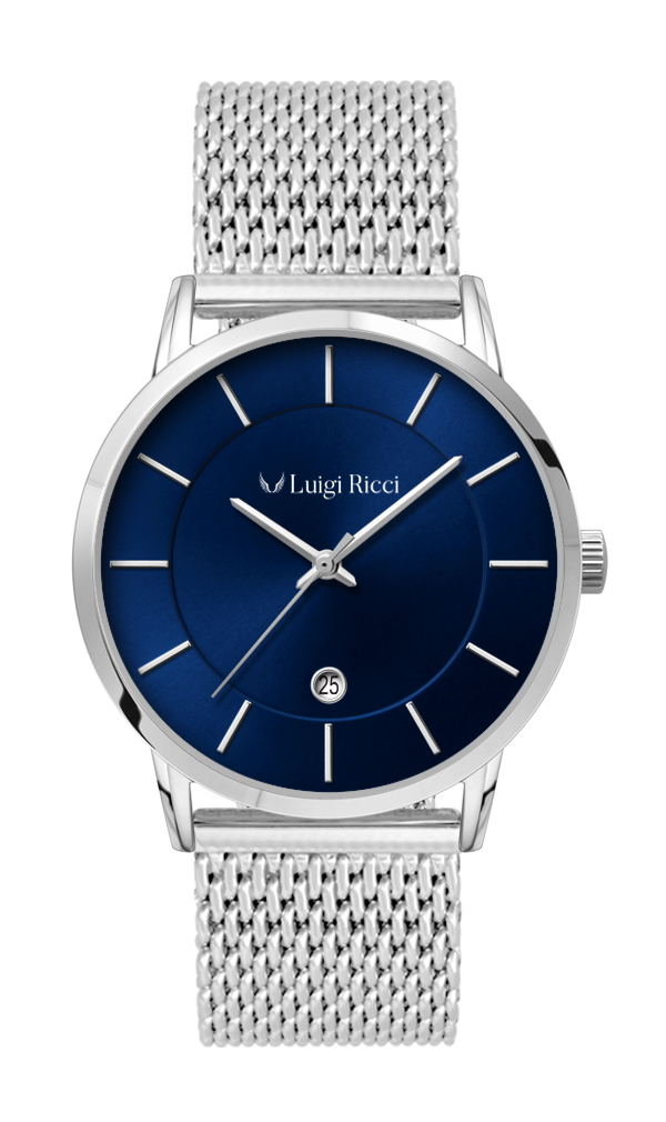 Luigi Ricci Roma Classica - Blue & Silver Italian watch with steel mesh band